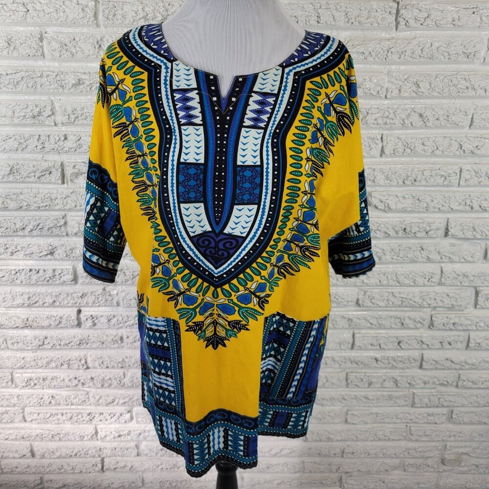 It Girl Women's XL Yellow Blue Tunic Top Boho Geometric V-Neck Cotton GEO245E